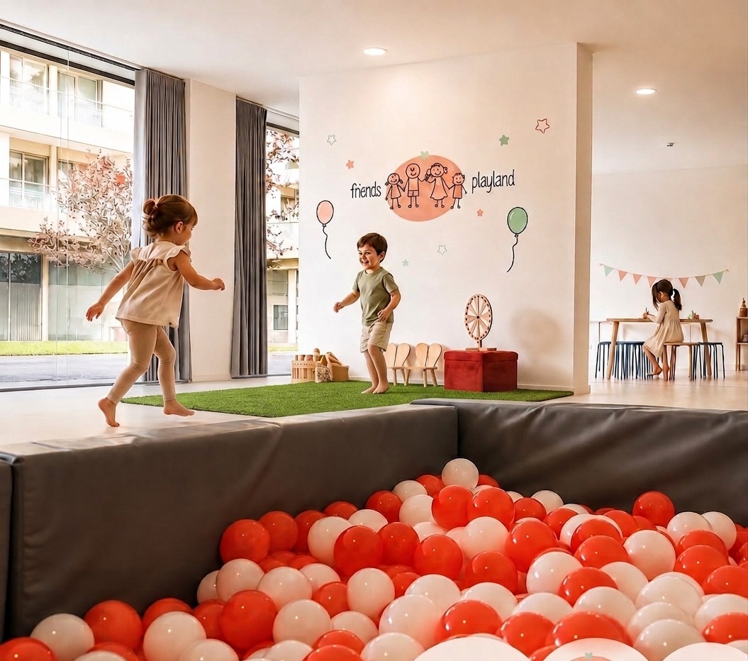 Espaço Friends Playland decorado para festas infantis